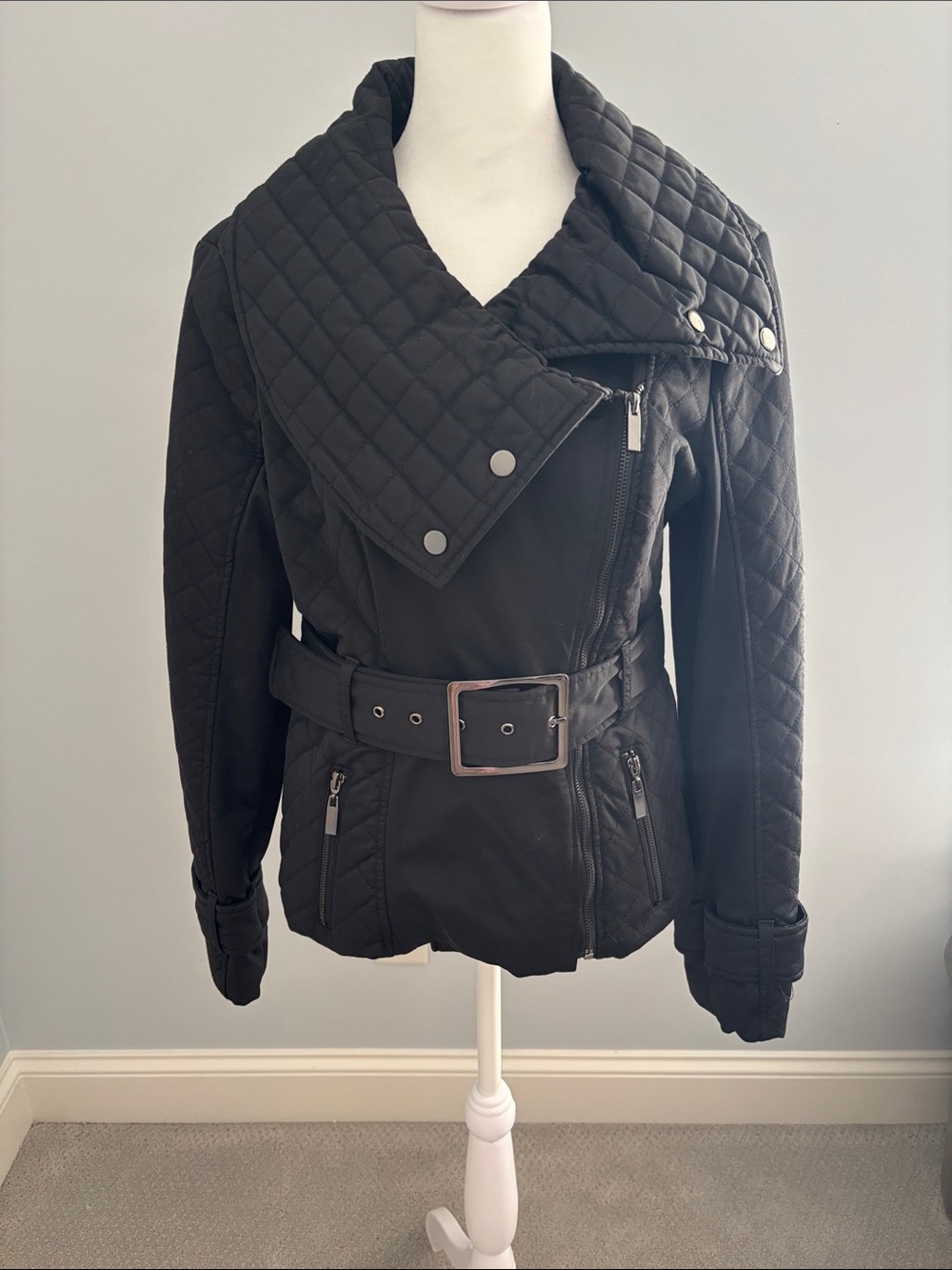 White House Black Market Black Quilted Belted Moto Jacket